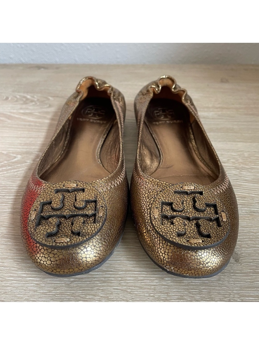 Tory Burch Reva Travel Ballet Flats Bronze Metallic Pebbled Leather Size 7